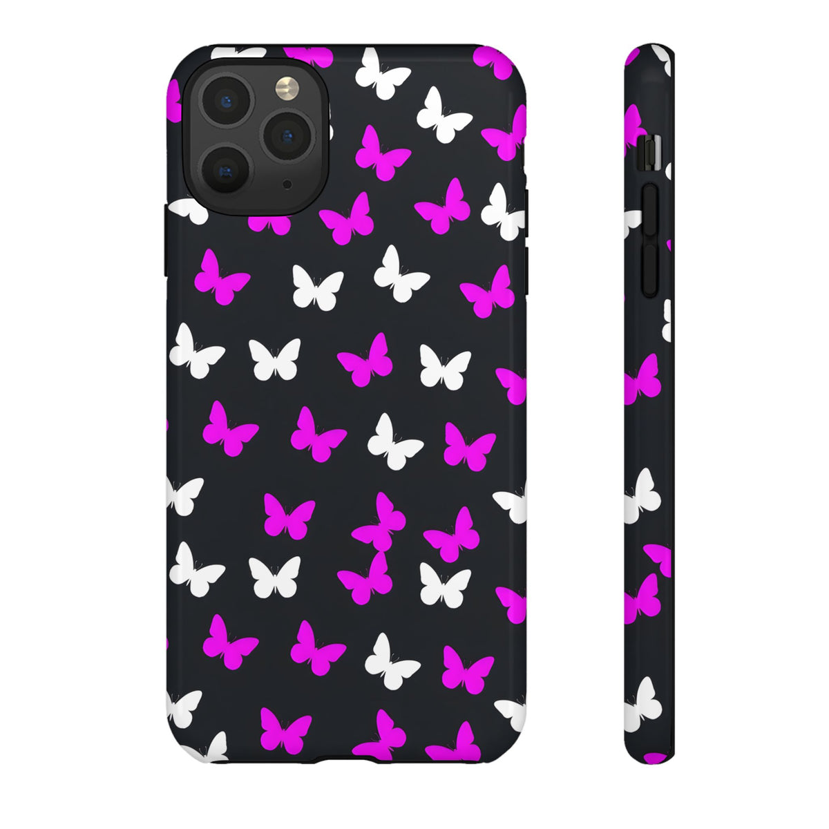 Butterfly Pattern Phone Case — Pink & White Butterflies on Black Tough Case