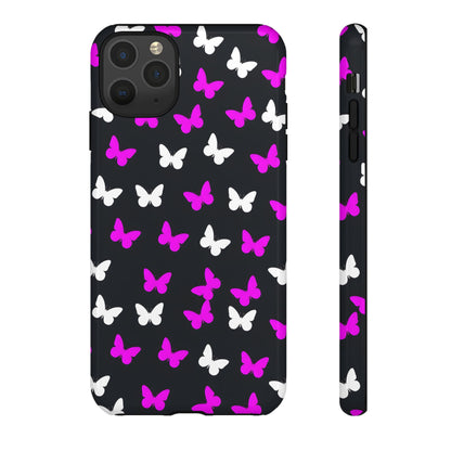 Butterfly Pattern Phone Case — Pink & White Butterflies on Black Tough Case