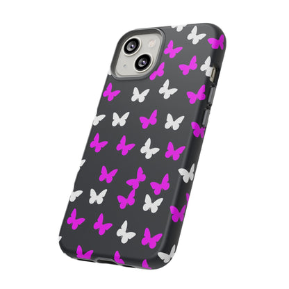 Butterfly Pattern Phone Case — Pink & White Butterflies on Black Tough Case