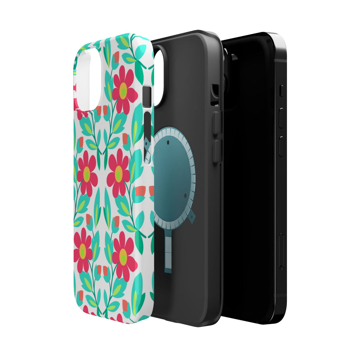 Floral Magnetic Impact-Resistant Phone Case — Pink & Teal Flower Pattern