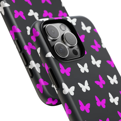 Butterfly Pattern Phone Case — Pink & White Butterflies on Black Tough Case