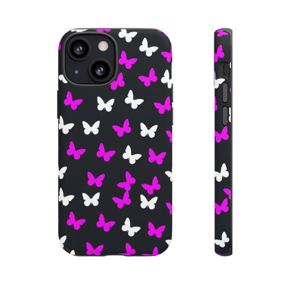 Butterfly Pattern Phone Case — Pink & White Butterflies on Black Tough Case