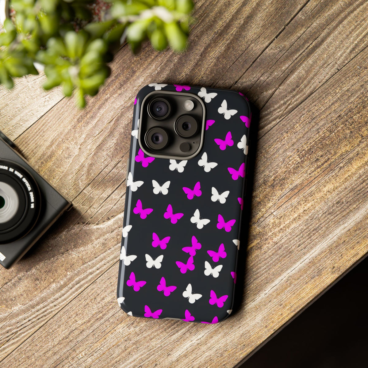 Butterfly Pattern Phone Case — Pink & White Butterflies on Black Tough Case