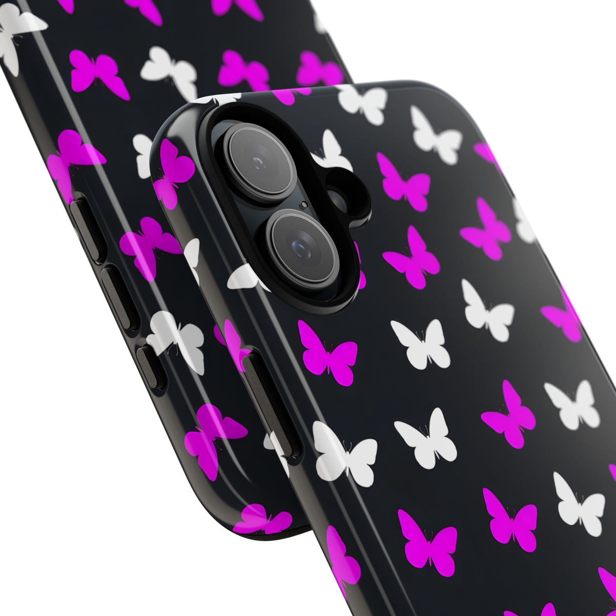 Butterfly Pattern Phone Case — Pink & White Butterflies on Black Tough Case