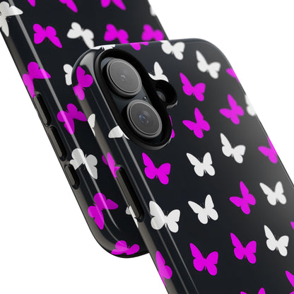 Butterfly Pattern Phone Case — Pink & White Butterflies on Black Tough Case