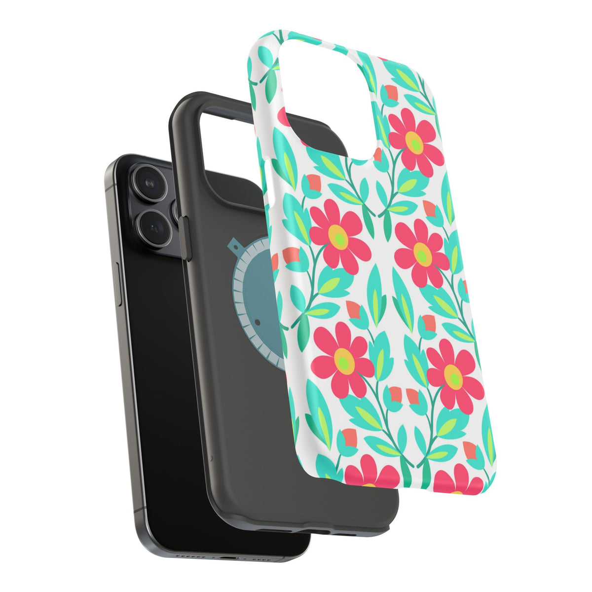 Floral Magnetic Impact-Resistant Phone Case — Pink & Teal Flower Pattern