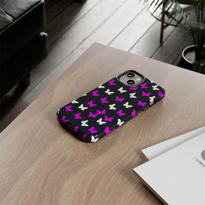 Butterfly Pattern Phone Case — Pink & White Butterflies on Black Tough Case