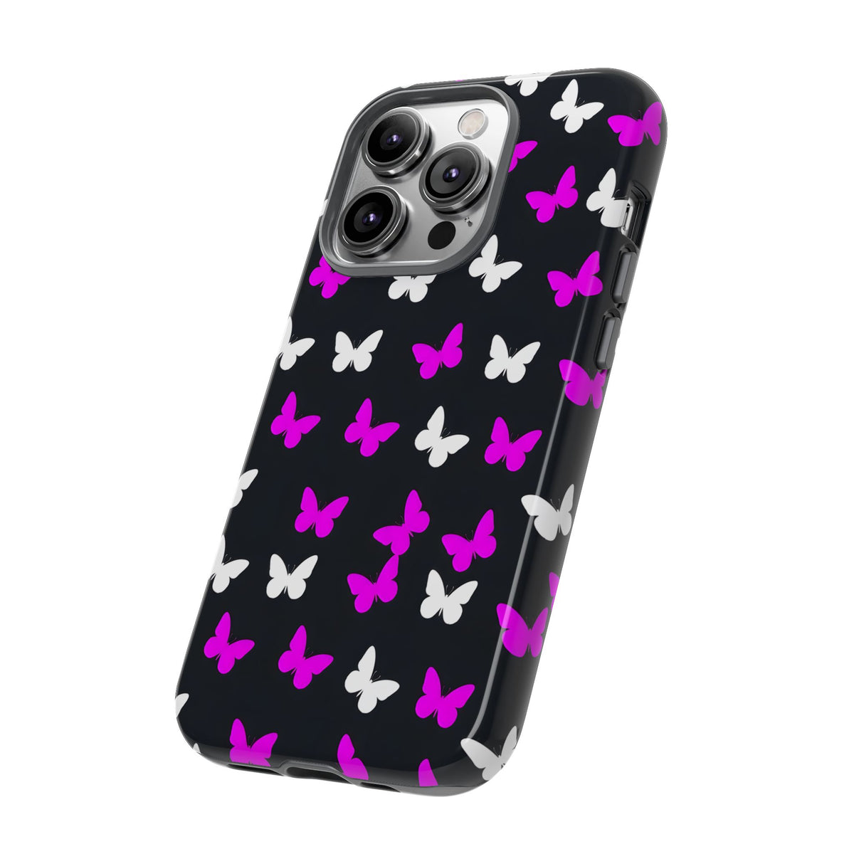Butterfly Pattern Phone Case — Pink & White Butterflies on Black Tough Case