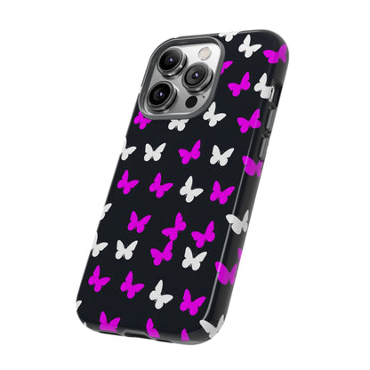 Butterfly Pattern Phone Case — Pink & White Butterflies on Black Tough Case