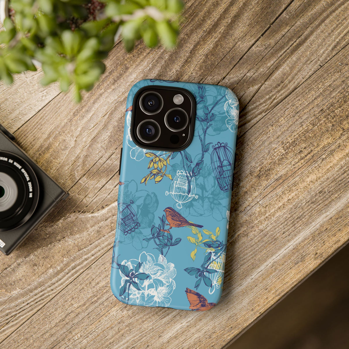 Floral Bird Tough Phone Case — Blue Birdcage Pattern