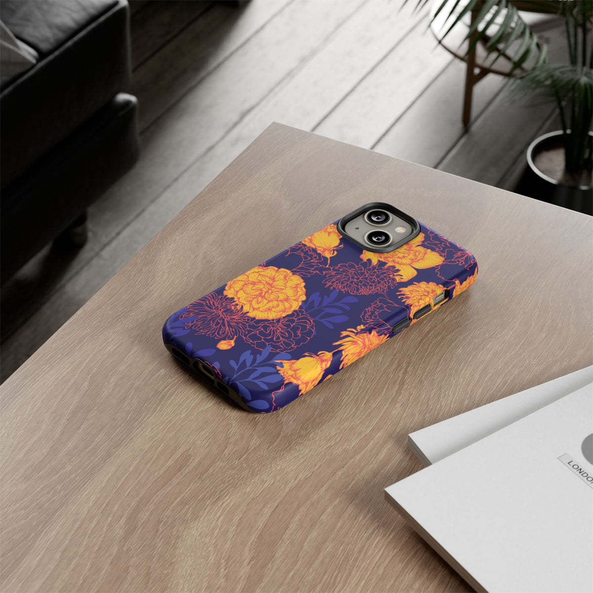Floral Tough Phone Case — Bold Yellow Marigold Pattern on Deep Navy