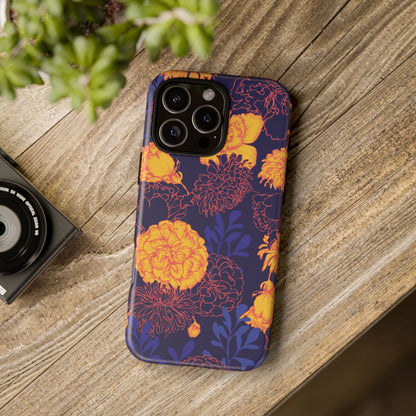 Floral Tough Phone Case — Bold Yellow Marigold Pattern on Deep Navy