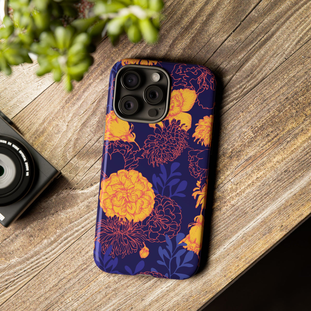 Floral Tough Phone Case — Bold Yellow Marigold Pattern on Deep Navy