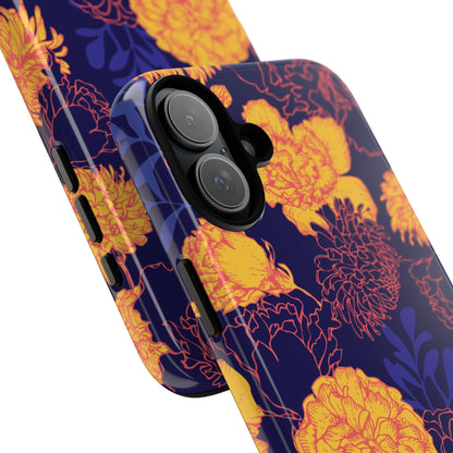 Floral Tough Phone Case — Bold Yellow Marigold Pattern on Deep Navy