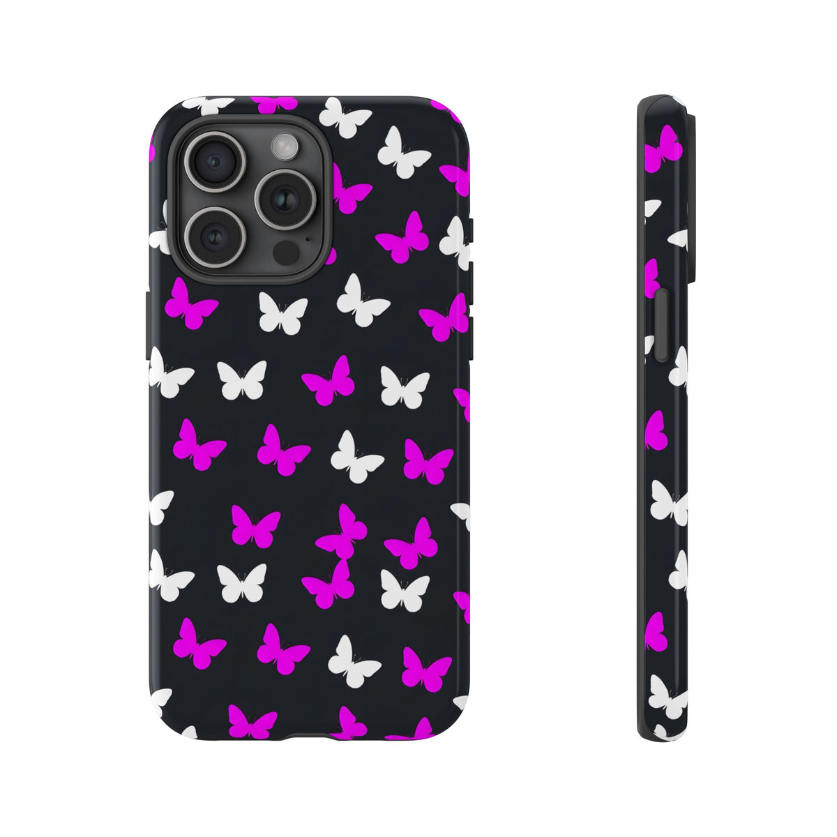 Butterfly Pattern Phone Case — Pink & White Butterflies on Black Tough Case