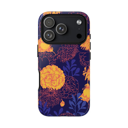 Floral Tough Phone Case — Bold Yellow Marigold Pattern on Deep Navy
