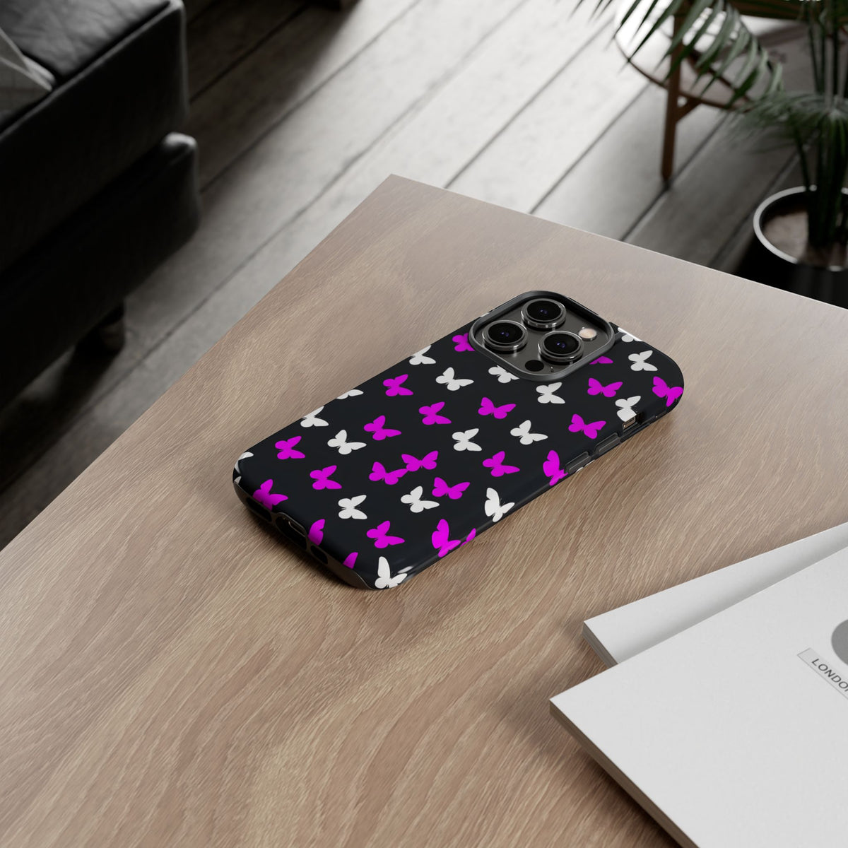 Butterfly Pattern Phone Case — Pink & White Butterflies on Black Tough Case