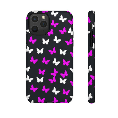 Butterfly Pattern Phone Case — Pink & White Butterflies on Black Tough Case