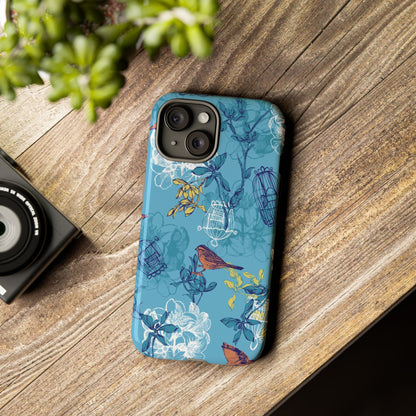 Floral Bird Tough Phone Case — Blue Birdcage Pattern