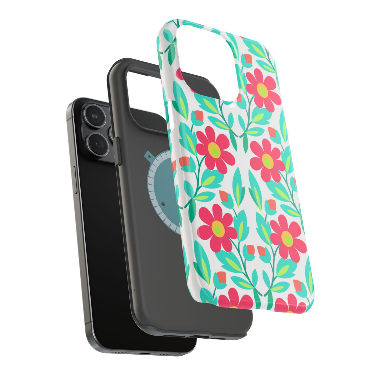 Floral Magnetic Impact-Resistant Phone Case — Pink & Teal Flower Pattern