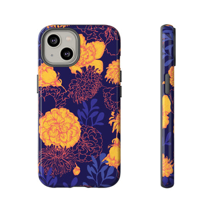 Floral Tough Phone Case — Bold Yellow Marigold Pattern on Deep Navy