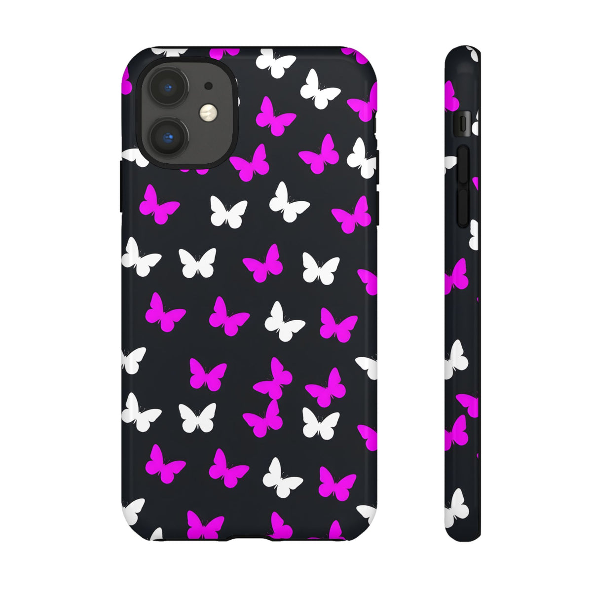 Butterfly Pattern Phone Case — Pink & White Butterflies on Black Tough Case