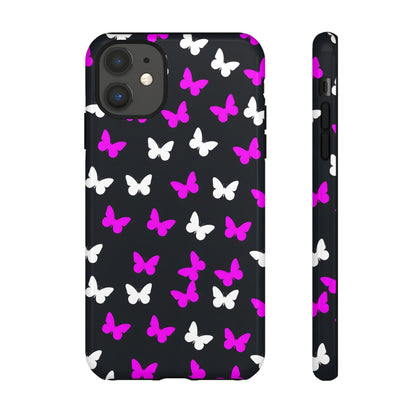 Butterfly Pattern Phone Case — Pink & White Butterflies on Black Tough Case