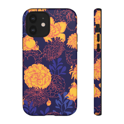 Floral Tough Phone Case — Bold Yellow Marigold Pattern on Deep Navy