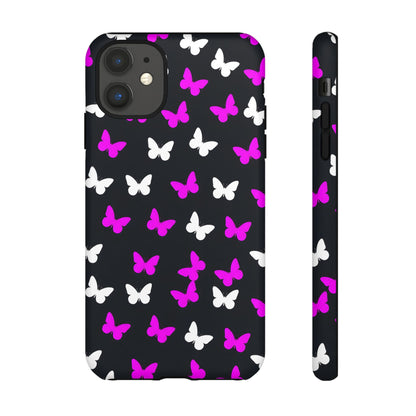 Butterfly Pattern Phone Case — Pink & White Butterflies on Black Tough Case
