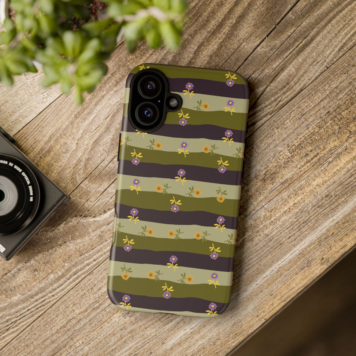 Floral Stripe Tough Phone Case — Olive & Plum Protective Cover