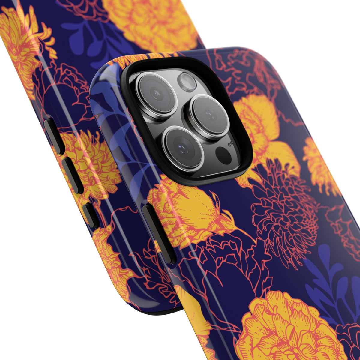 Floral Tough Phone Case — Bold Yellow Marigold Pattern on Deep Navy