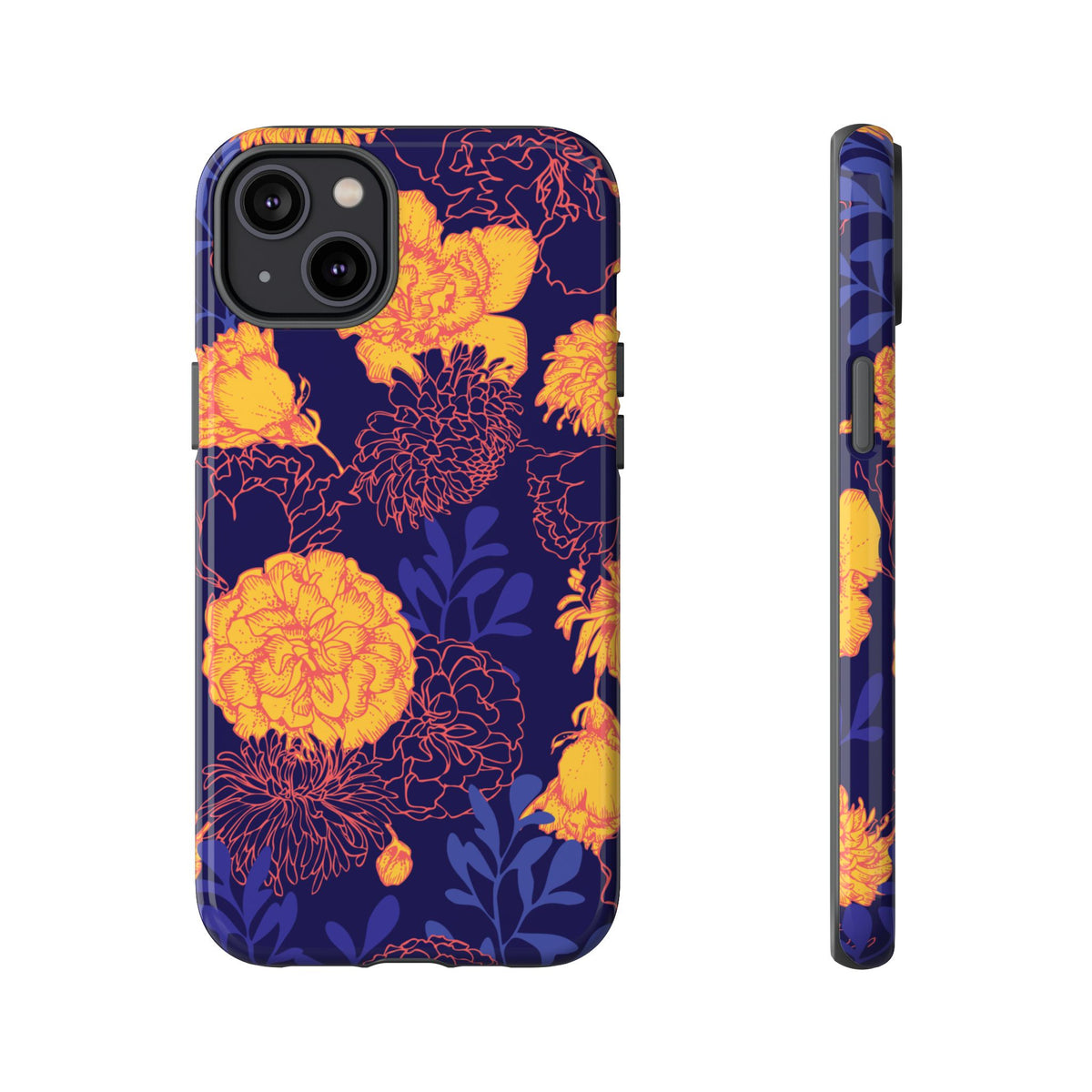 Floral Tough Phone Case — Bold Yellow Marigold Pattern on Deep Navy