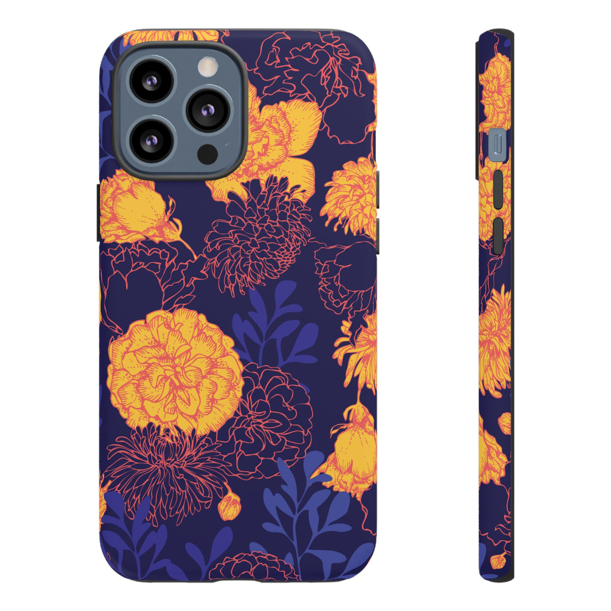Floral Tough Phone Case — Bold Yellow Marigold Pattern on Deep Navy