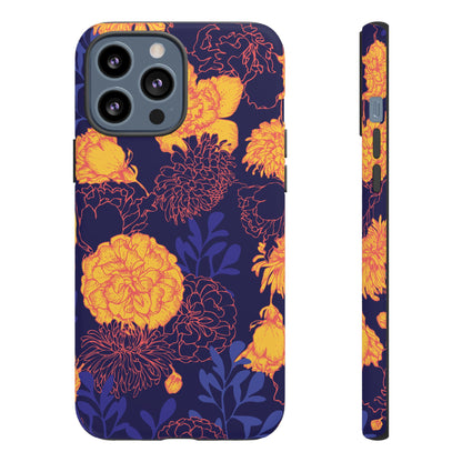 Floral Tough Phone Case — Bold Yellow Marigold Pattern on Deep Navy