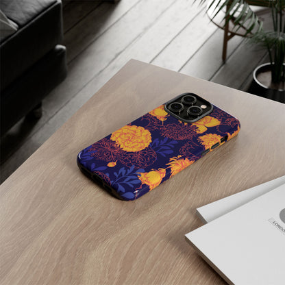 Floral Tough Phone Case — Bold Yellow Marigold Pattern on Deep Navy