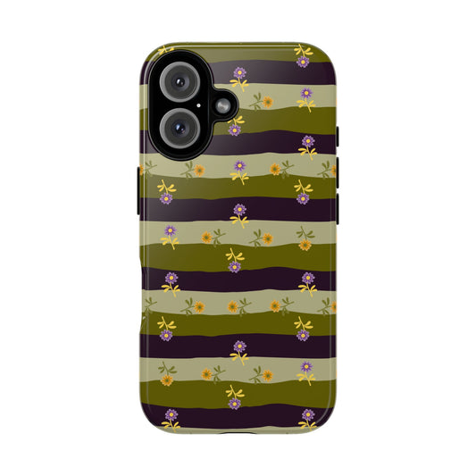 Floral Stripe Tough Phone Case — Olive & Plum Protective Cover