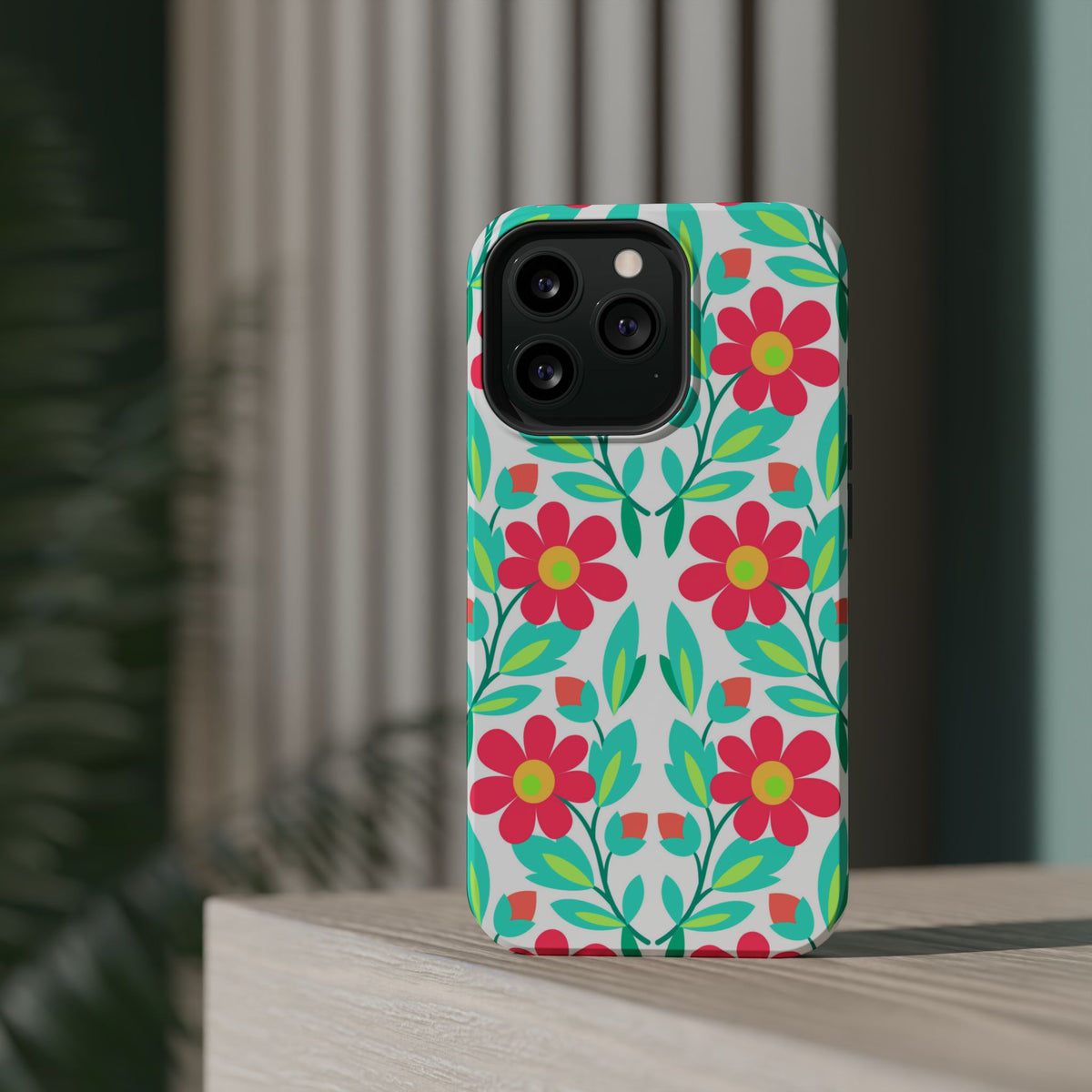 Floral Magnetic Impact-Resistant Phone Case — Pink & Teal Flower Pattern