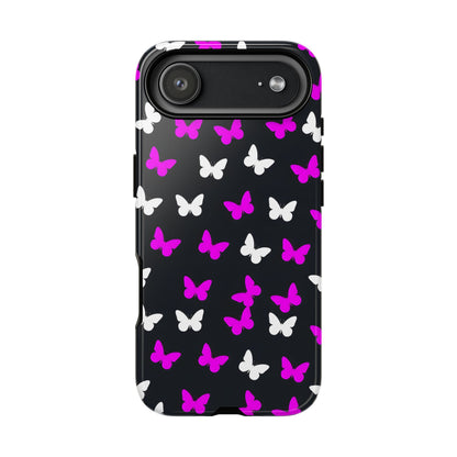 Butterfly Pattern Phone Case — Pink & White Butterflies on Black Tough Case