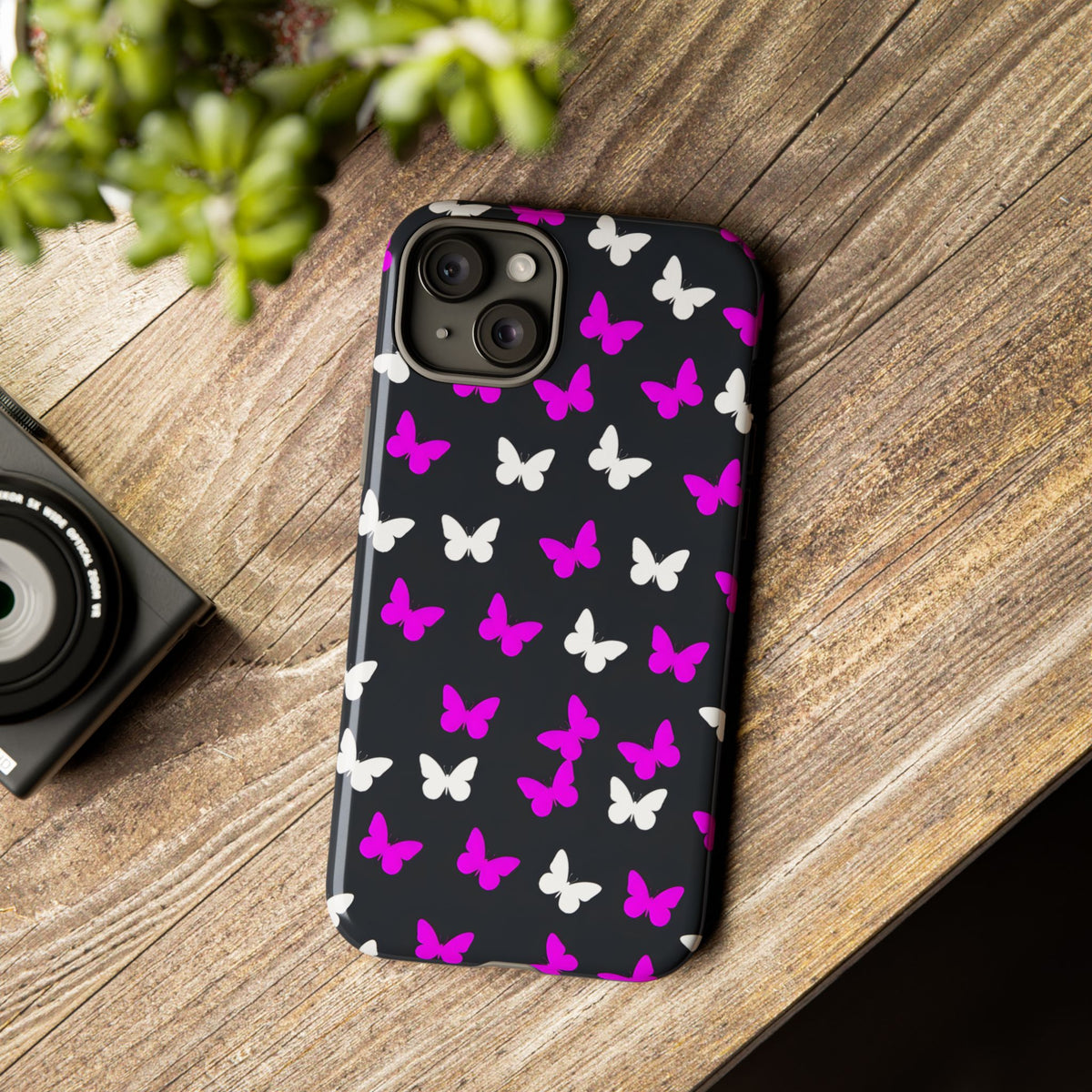 Butterfly Pattern Phone Case — Pink & White Butterflies on Black Tough Case