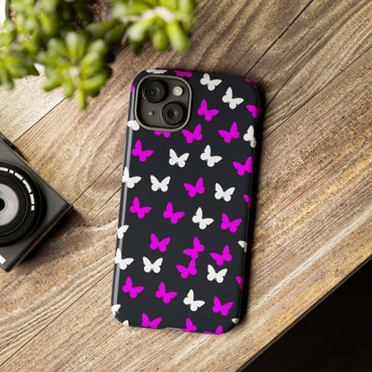 Butterfly Pattern Phone Case — Pink & White Butterflies on Black Tough Case