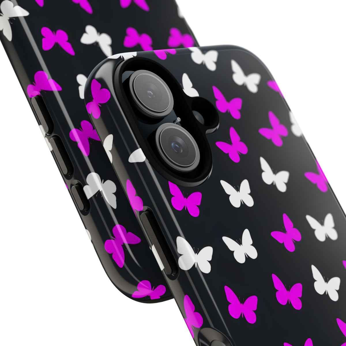 Butterfly Pattern Phone Case — Pink & White Butterflies on Black Tough Case