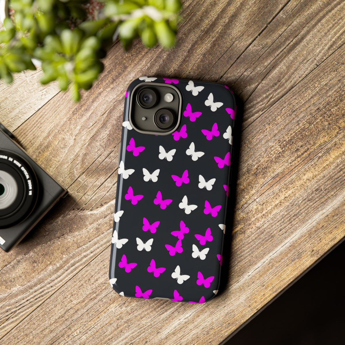 Butterfly Pattern Phone Case — Pink & White Butterflies on Black Tough Case