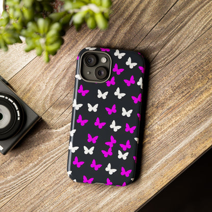 Butterfly Pattern Phone Case — Pink & White Butterflies on Black Tough Case