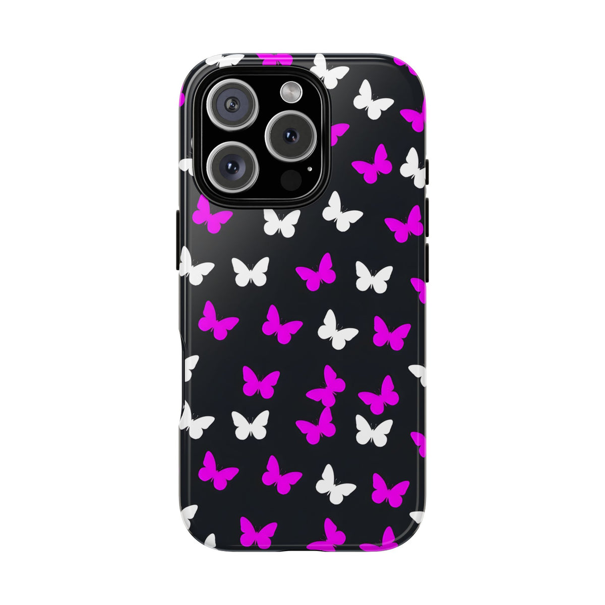 Butterfly Pattern Phone Case — Pink & White Butterflies on Black Tough Case