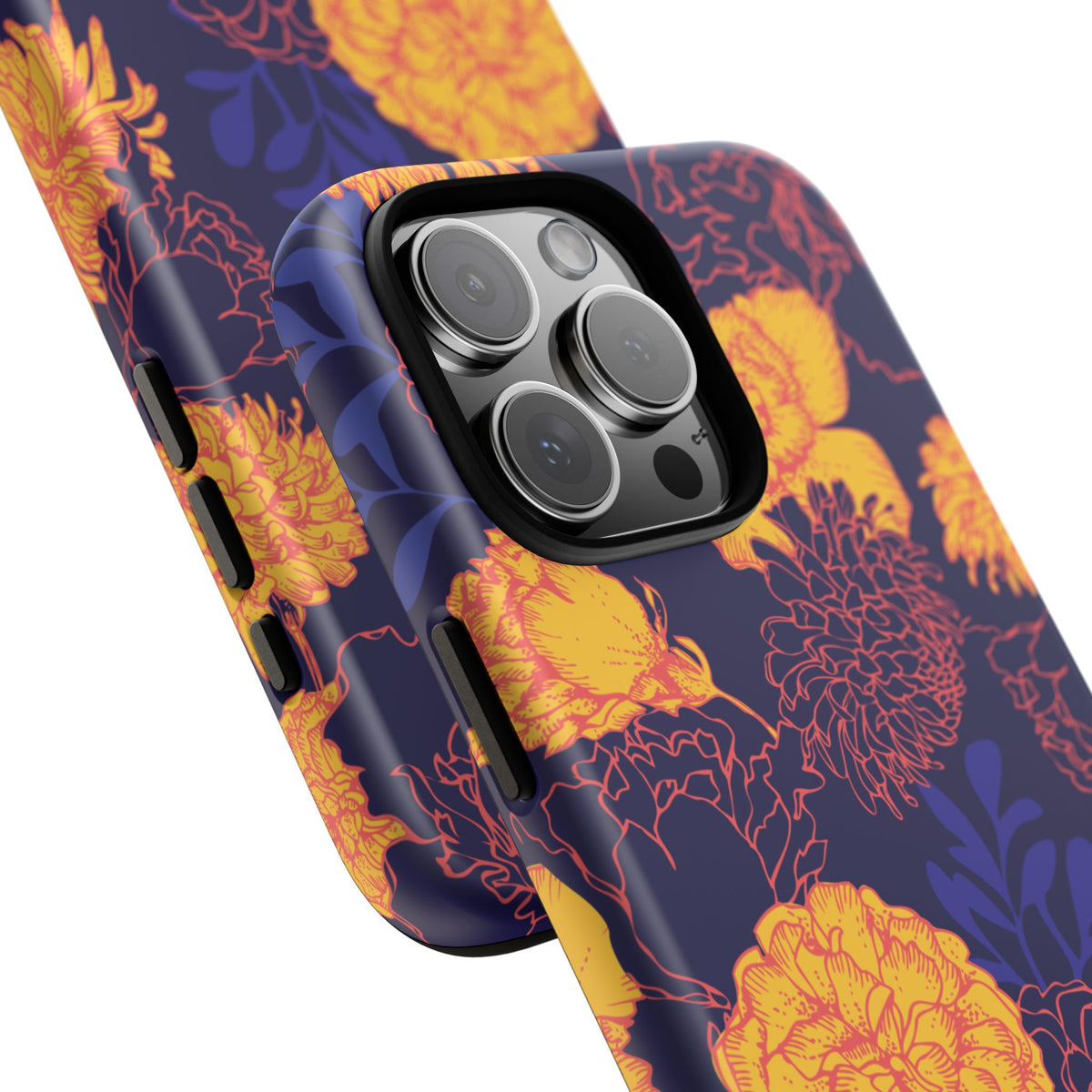 Floral Tough Phone Case — Bold Yellow Marigold Pattern on Deep Navy
