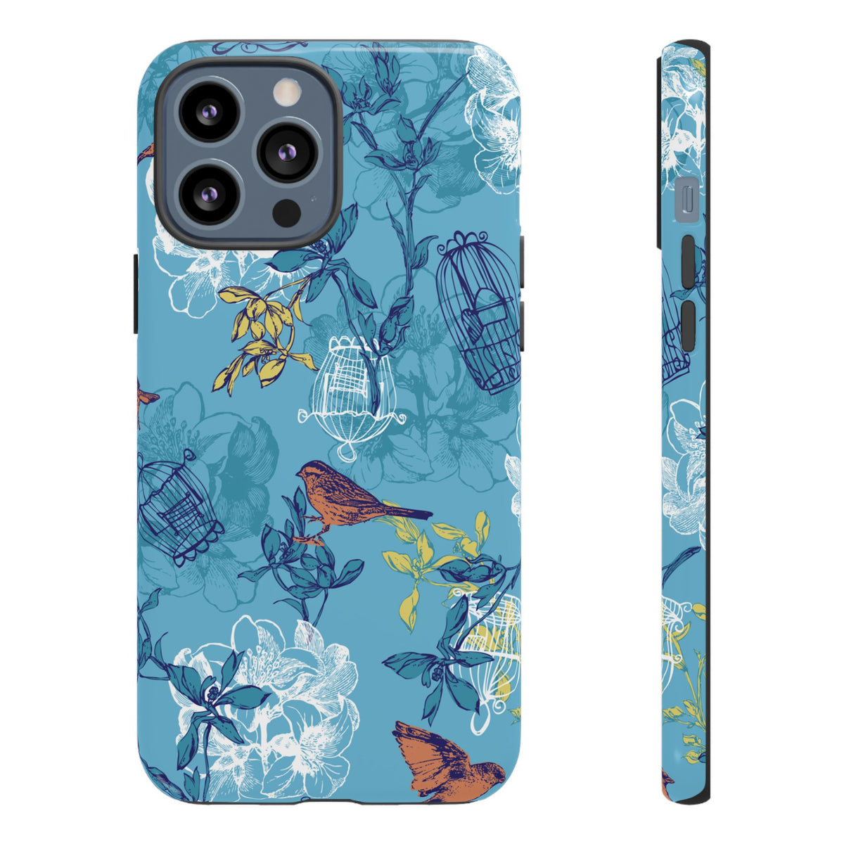 Floral Bird Tough Phone Case — Blue Birdcage Pattern