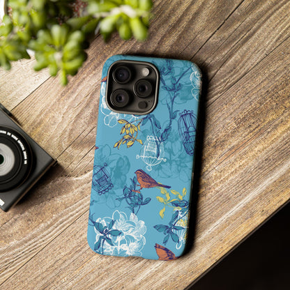 Floral Bird Tough Phone Case — Blue Birdcage Pattern