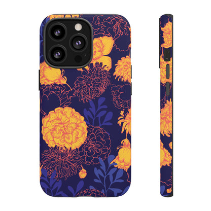 Floral Tough Phone Case — Bold Yellow Marigold Pattern on Deep Navy