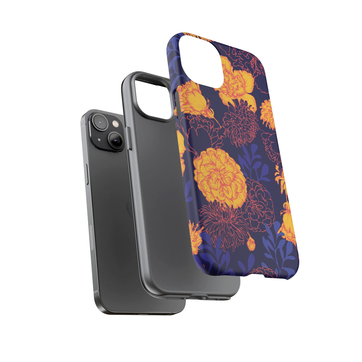 Floral Tough Phone Case — Bold Yellow Marigold Pattern on Deep Navy