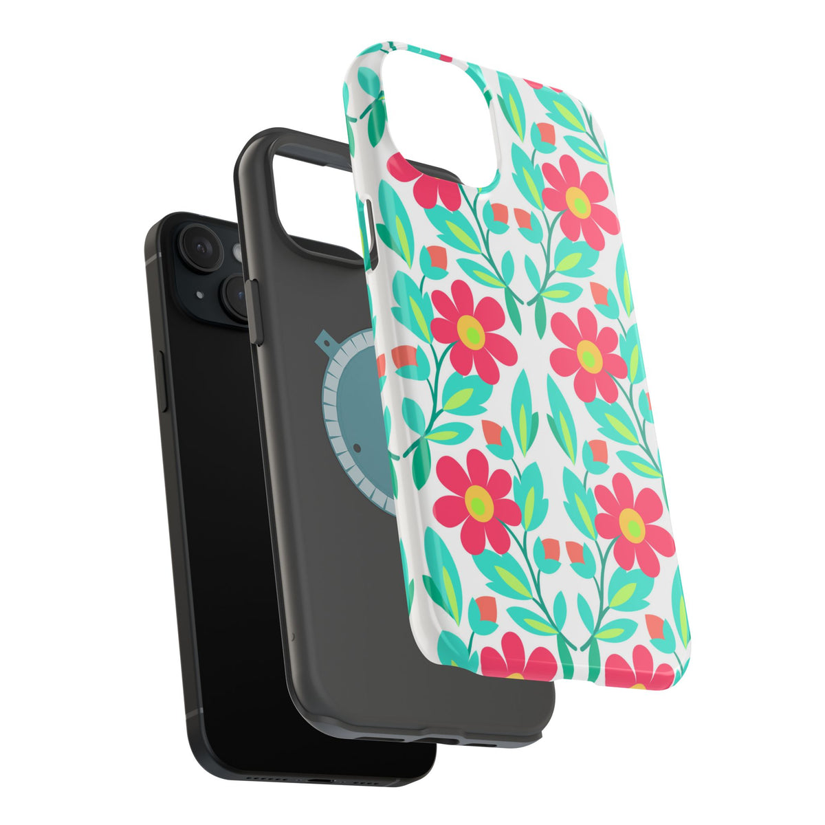 Floral Magnetic Impact-Resistant Phone Case — Pink & Teal Flower Pattern